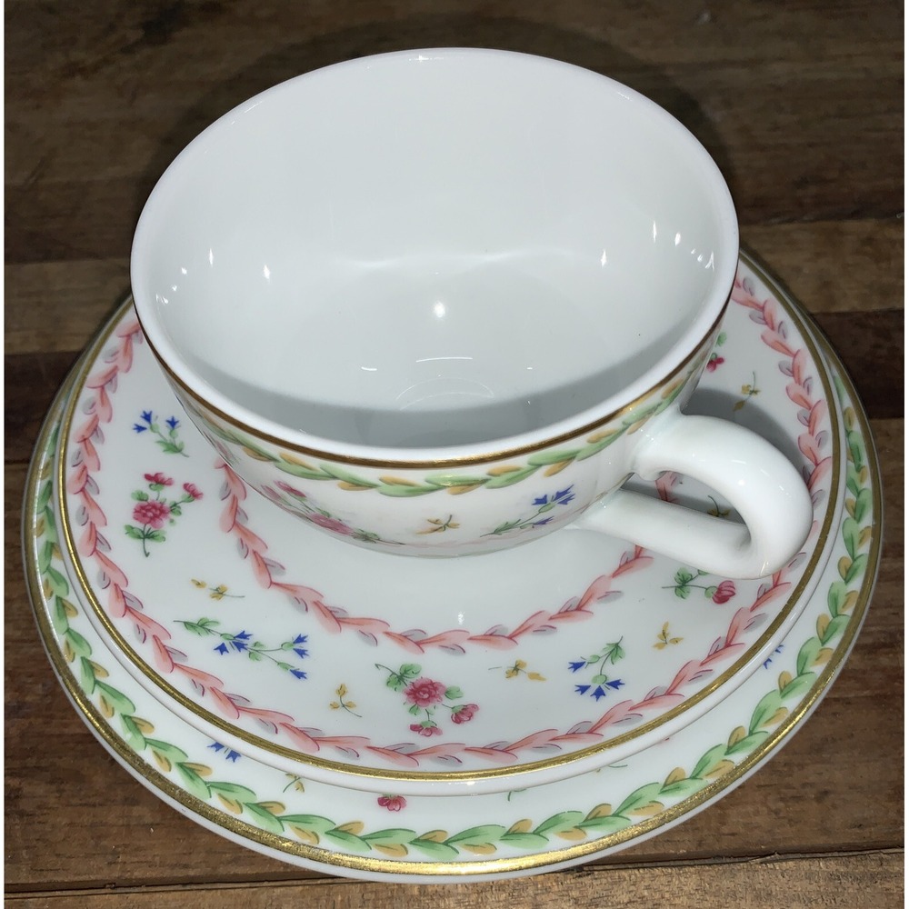 Bernardaud Limoges Green Pink Cup and Saucer Bread Trio Artois - Picture 2 of 6